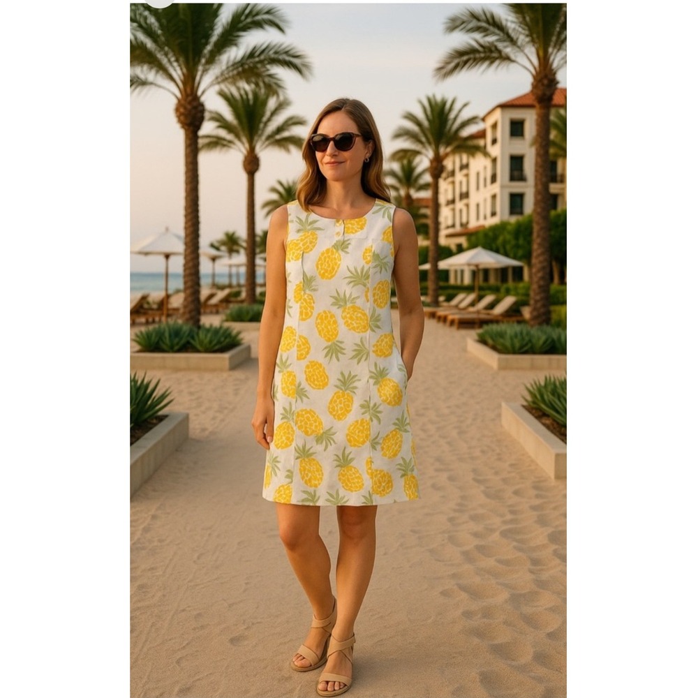Brooks Brothers Pineapple Print Shift Dress‎ Womens 4 Petite White Yellow Preppy